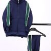 Front view Boys Navy Tracksuits with green strips hanging on hanger with white background