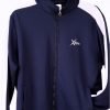 Showing navy tracksuit for men in blue colour with white stripe in close-up