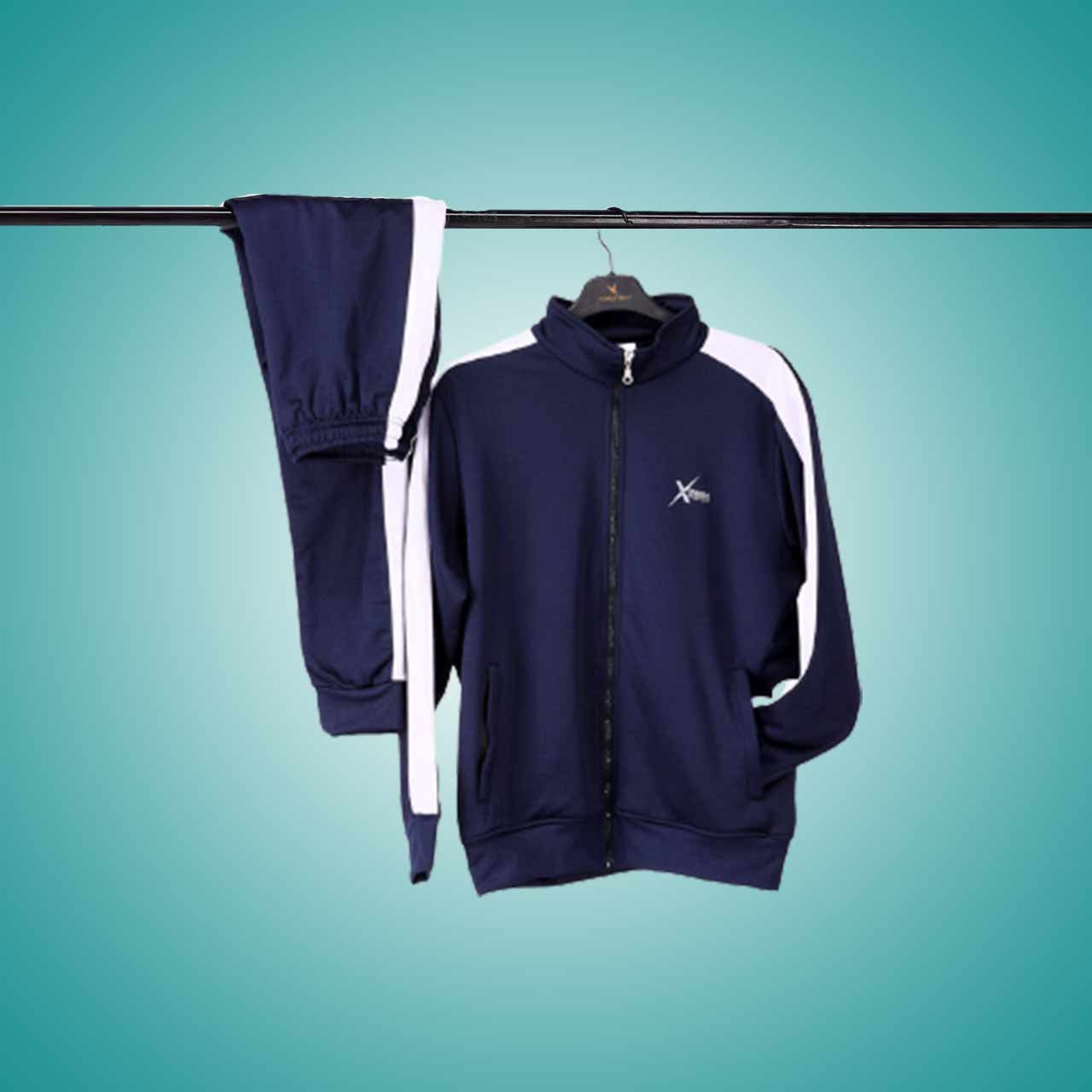 Showing navy tracksuit for men in blue colour with white stripe with xtreme sport logo