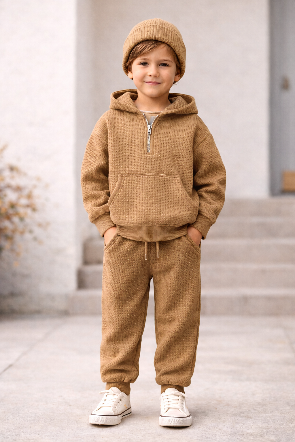 waffle knit kids tracksuit cotton blend lounge set